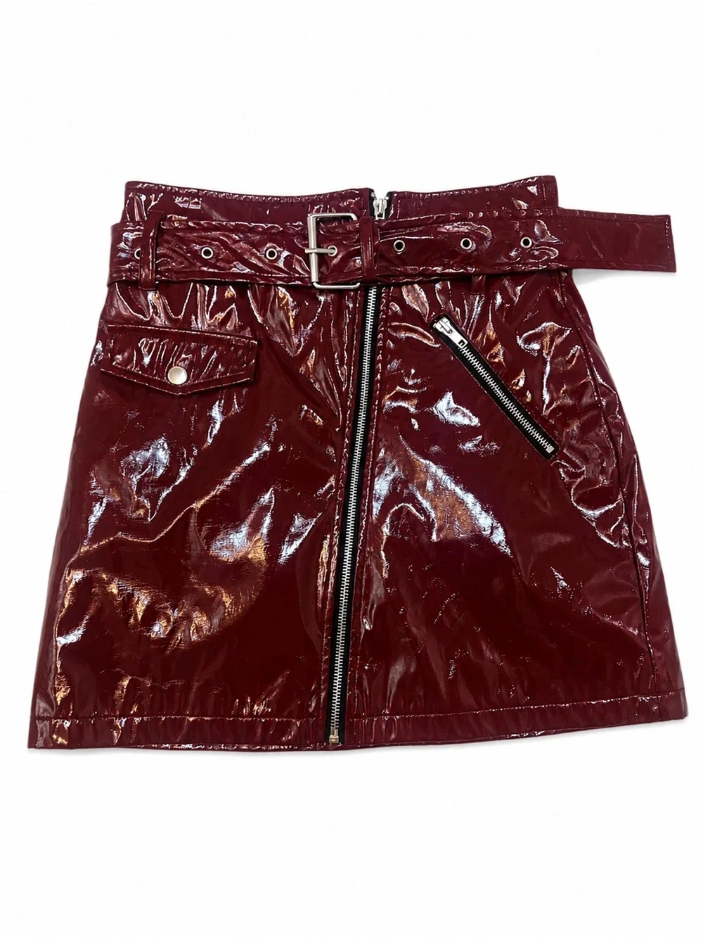 Forever 21 Burgundy Faux Patent Leather Belted Zip Mini Skirt Sz S